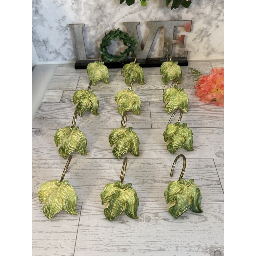 Set of 23 Green Leaves‎ Shower Curtain Hooks Vintage Gold Tone Metal Nature GUC